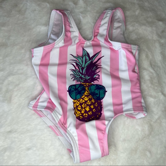 NEW Pink & White striped Baby One Piece Pineapple in Shades Swim suit Size 3-6M - Picture 2 of 6